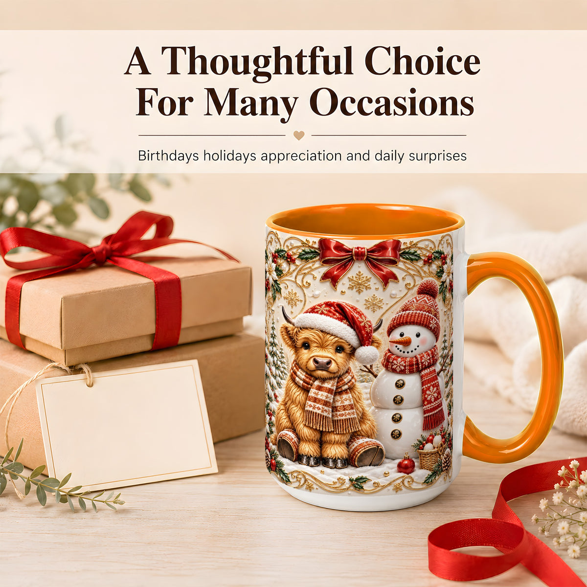 #pl[15oz|Orange] Christmas Highland Cow Coffee Mug, Snowman Mug, Ceramic Cup