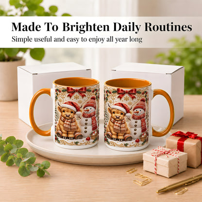 #pl[15oz|Orange] Christmas Highland Cow Coffee Mug, Snowman Mug, Ceramic Cup