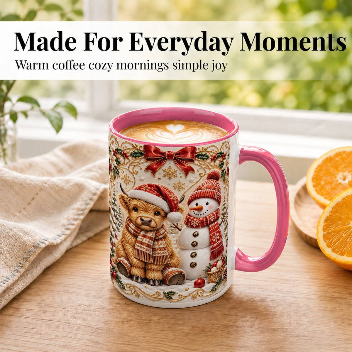 #pl[15oz|Pink] Christmas Highland Cow Coffee Mug, Snowman Mug, Ceramic Cup