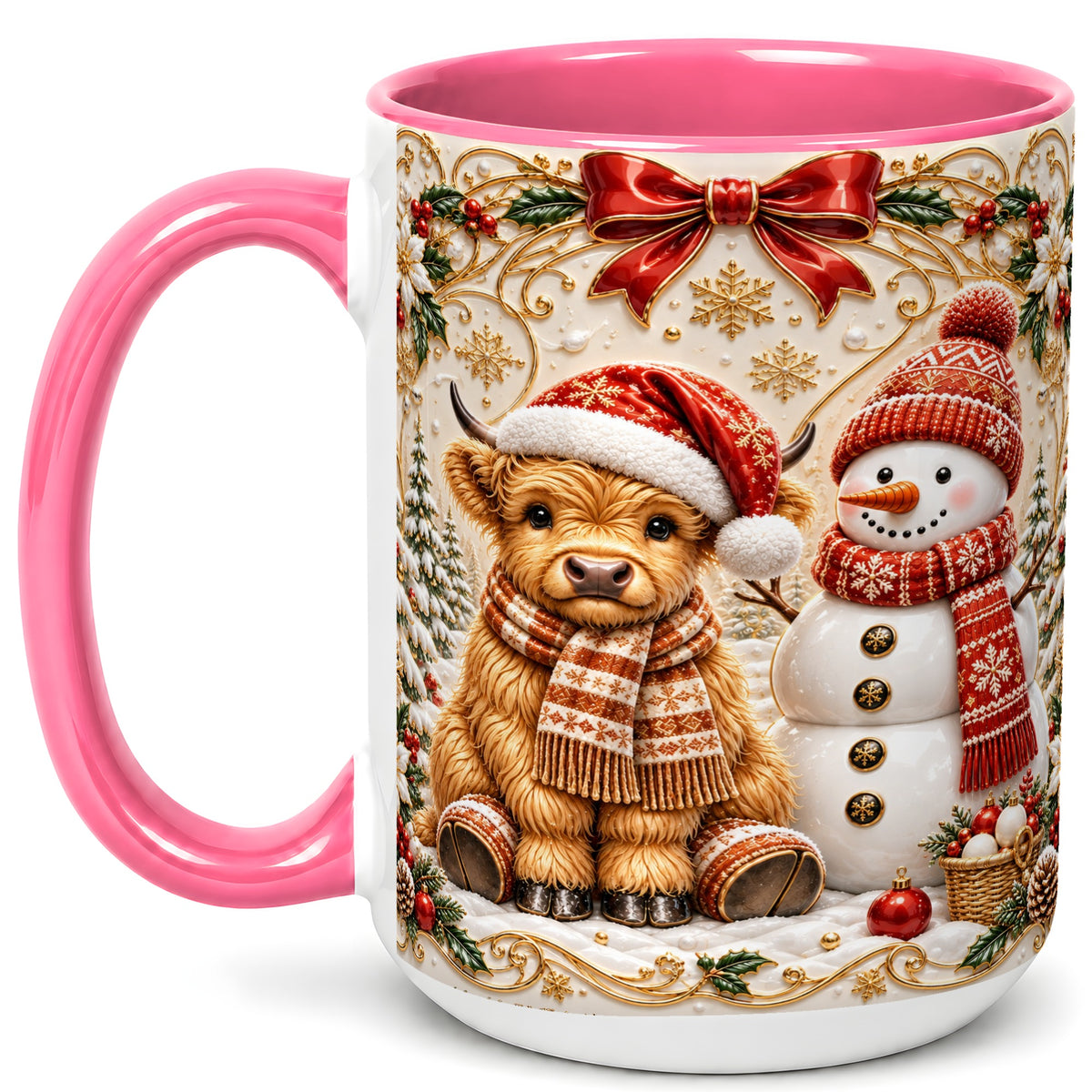 #pl[15oz|Pink] Christmas Highland Cow Coffee Mug, Snowman Mug, Ceramic Cup
