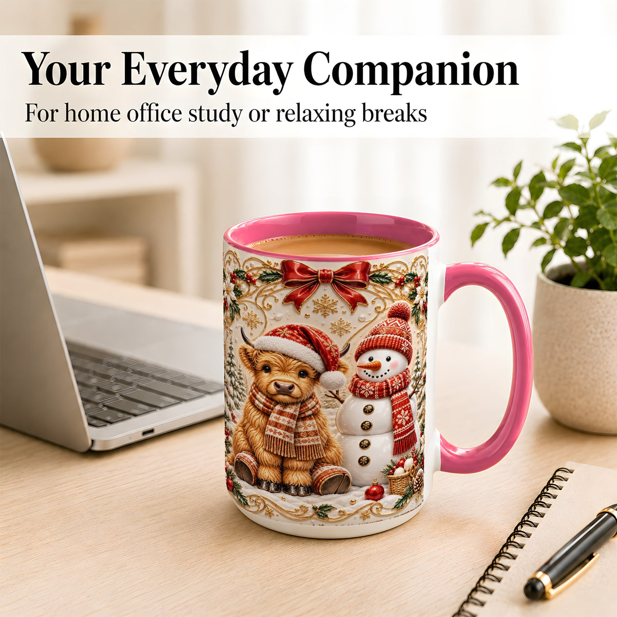 #pl[15oz|Pink] Christmas Highland Cow Coffee Mug, Snowman Mug, Ceramic Cup