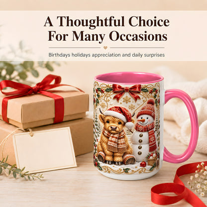#pl[15oz|Pink] Christmas Highland Cow Coffee Mug, Snowman Mug, Ceramic Cup