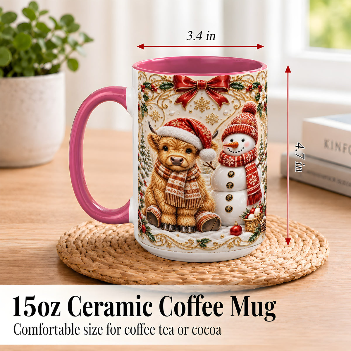 #pl[15oz|Pink] Christmas Highland Cow Coffee Mug, Snowman Mug, Ceramic Cup