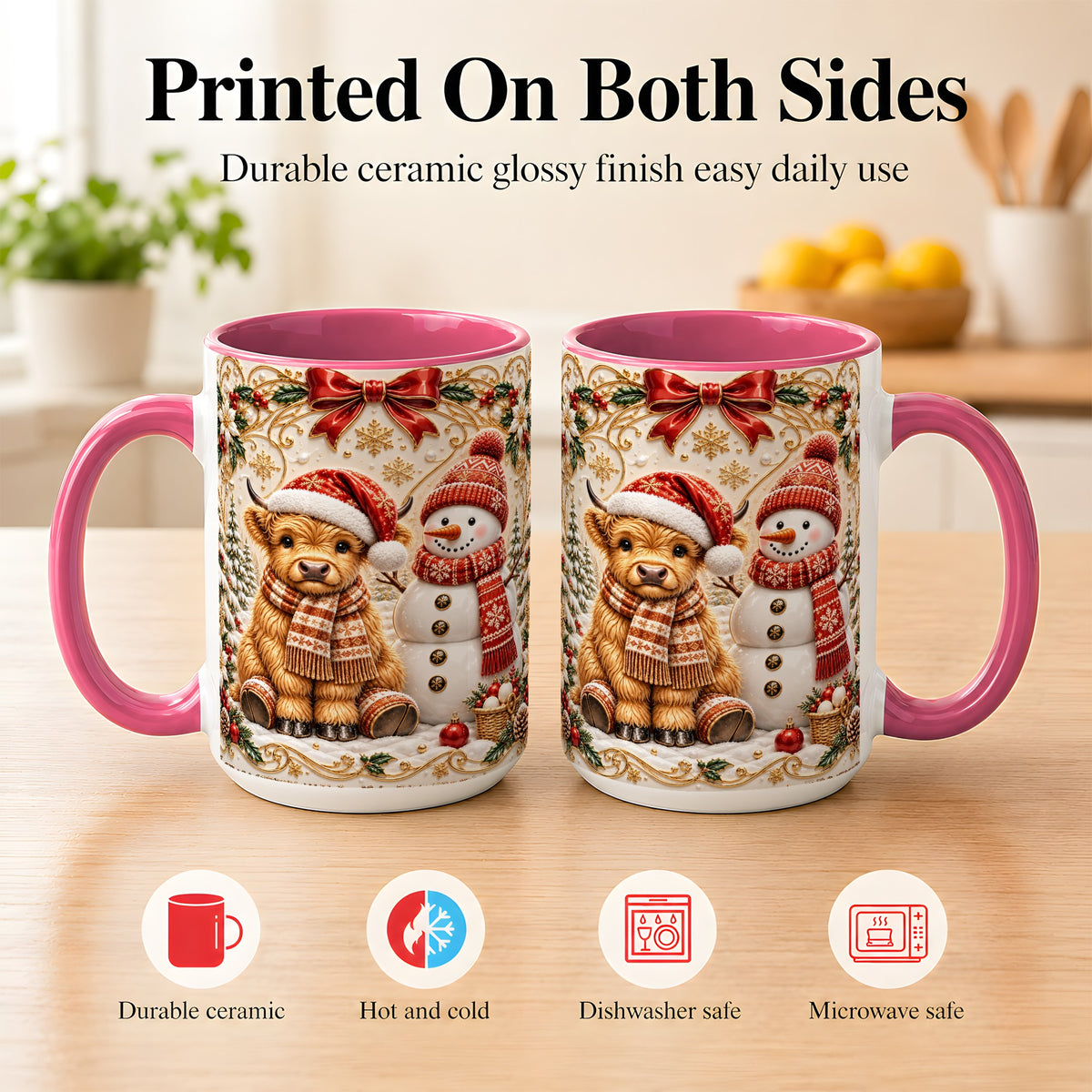 #pl[15oz|Pink] Christmas Highland Cow Coffee Mug, Snowman Mug, Ceramic Cup