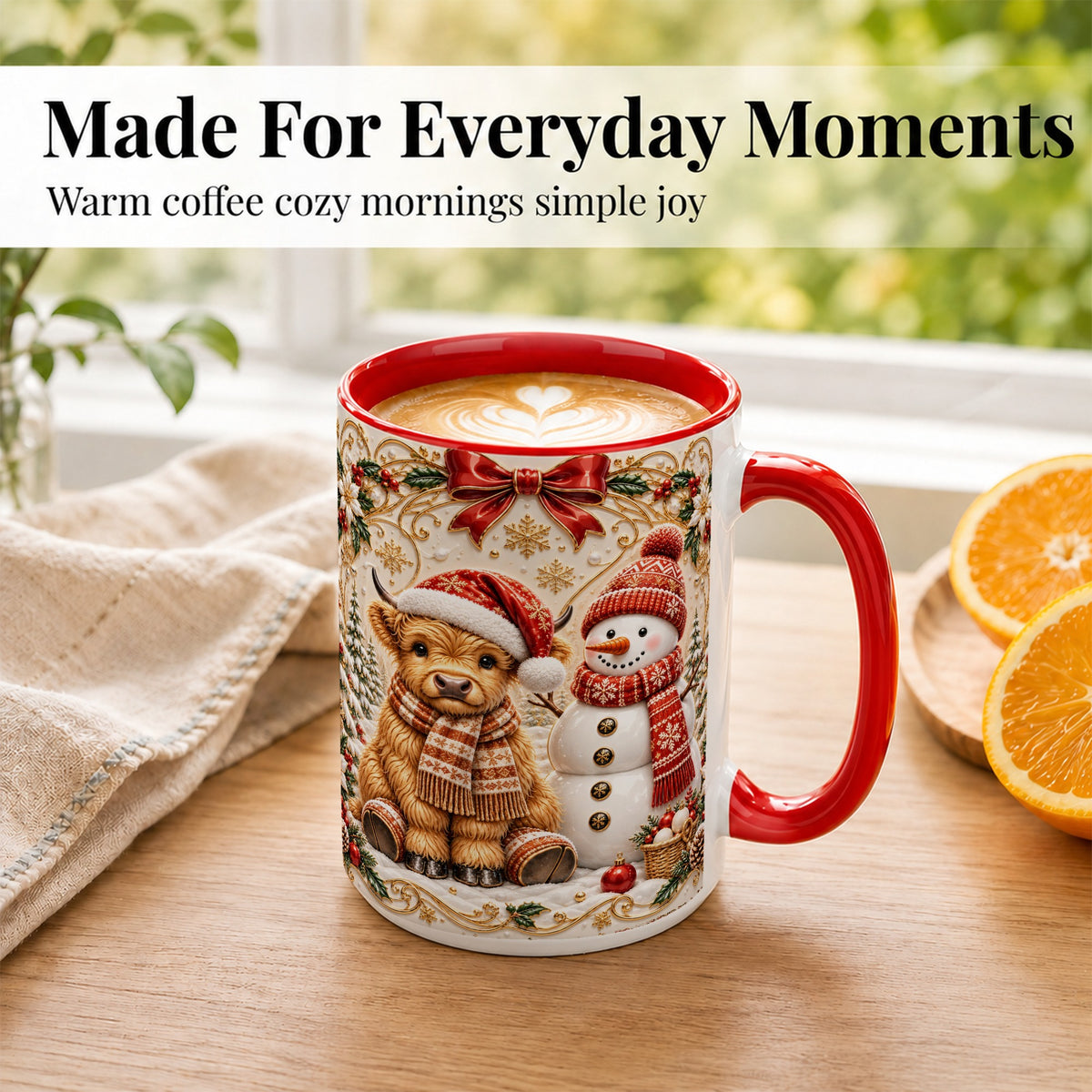 #pl[15oz|Red] Christmas Highland Cow Coffee Mug, Snowman Mug, Ceramic Cup