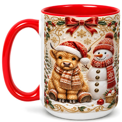 #pl[15oz|Red] Christmas Highland Cow Coffee Mug, Snowman Mug, Ceramic Cup