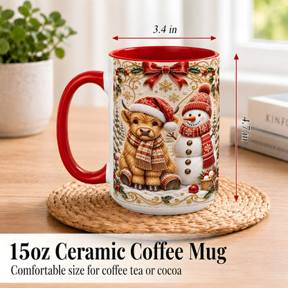 #pl[15oz|Red] Christmas Highland Cow Coffee Mug, Snowman Mug, Ceramic Cup
