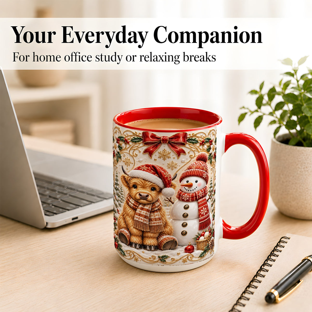 #pl[15oz|Red] Christmas Highland Cow Coffee Mug, Snowman Mug, Ceramic Cup