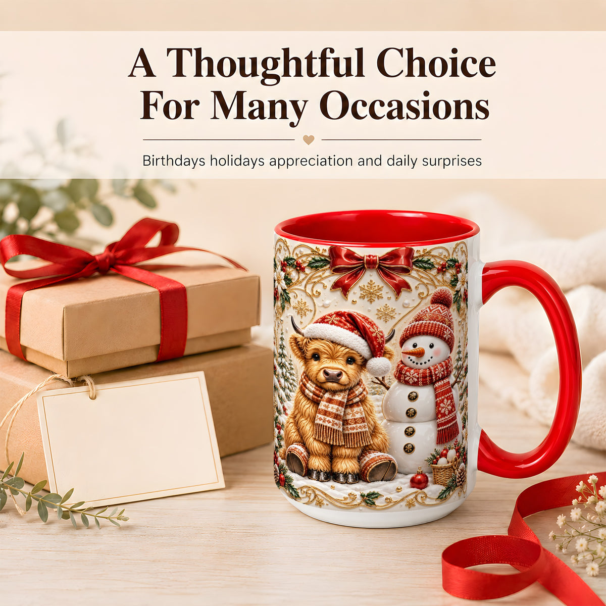#pl[15oz|Red] Christmas Highland Cow Coffee Mug, Snowman Mug, Ceramic Cup
