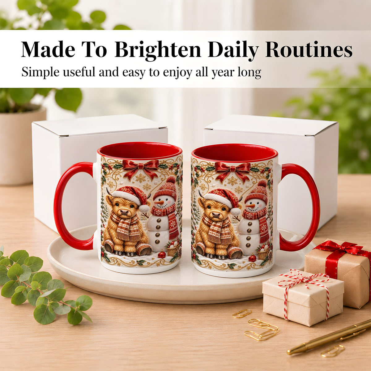 #pl[15oz|Red] Christmas Highland Cow Coffee Mug, Snowman Mug, Ceramic Cup