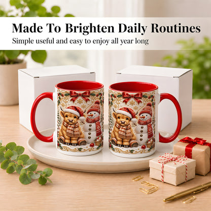 #pl[15oz|Red] Christmas Highland Cow Coffee Mug, Snowman Mug, Ceramic Cup