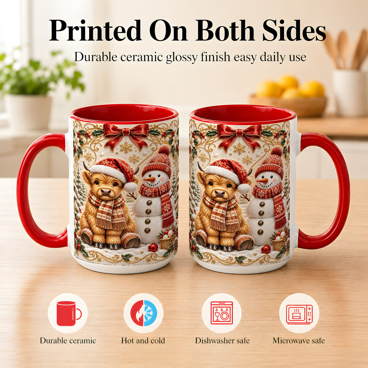 #pl[15oz|Red] Christmas Highland Cow Coffee Mug, Snowman Mug, Ceramic Cup