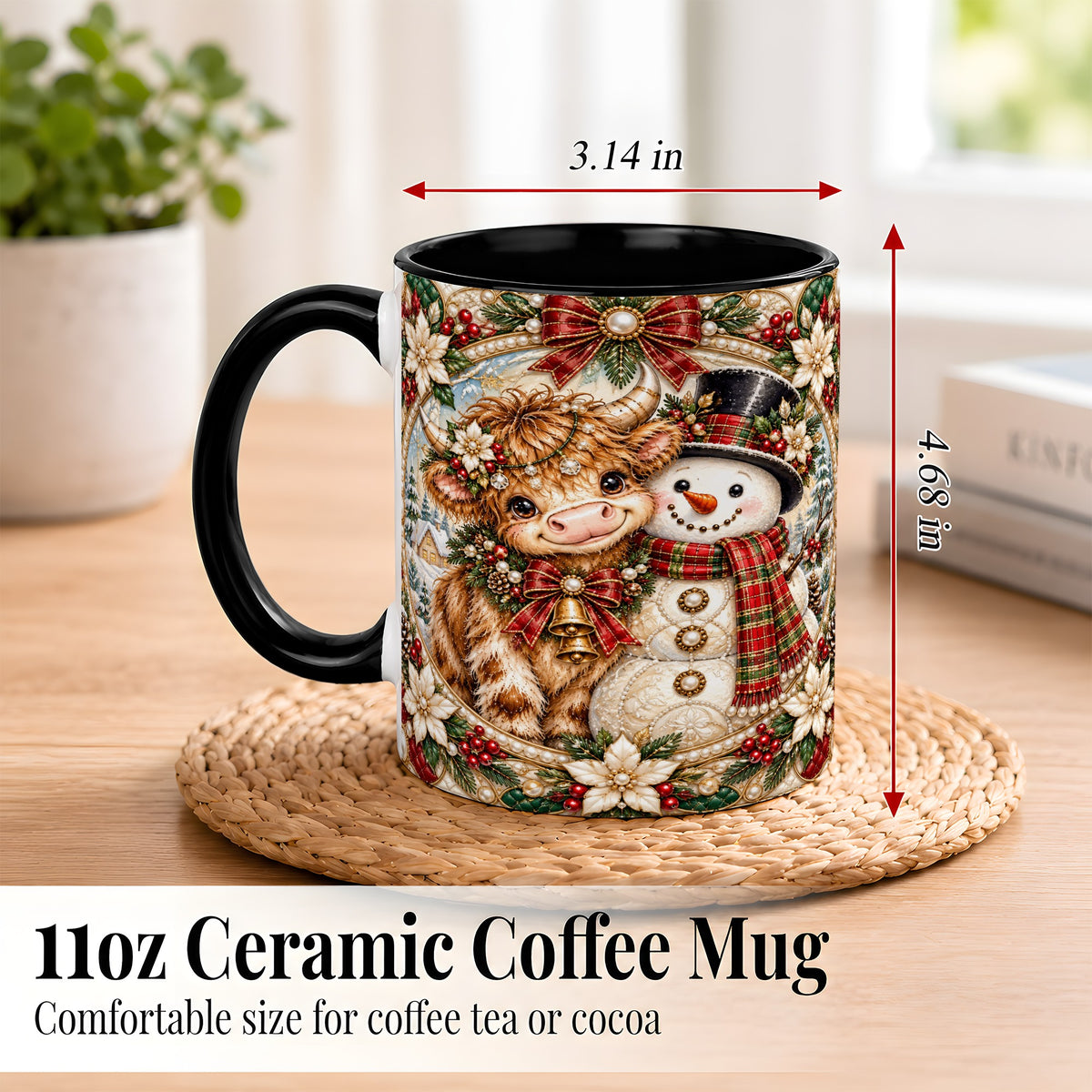 #pl[11oz|Black] Poinsettia Highland Cow Coffee Mug, Snowman Mug, Ceramic Cup