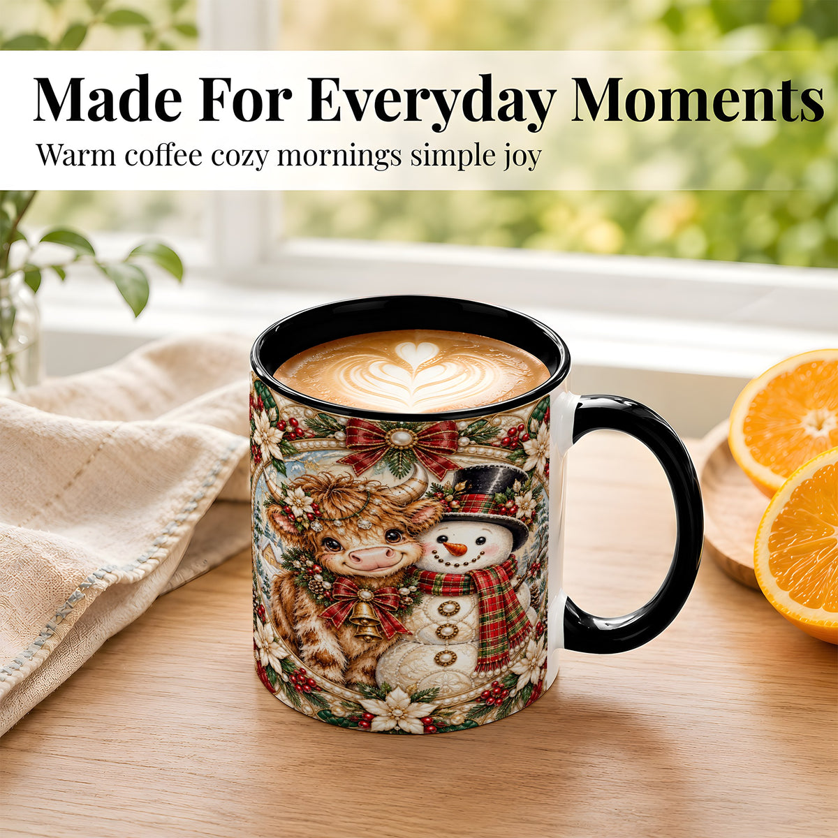 #pl[11oz|Black] Poinsettia Highland Cow Coffee Mug, Snowman Mug, Ceramic Cup