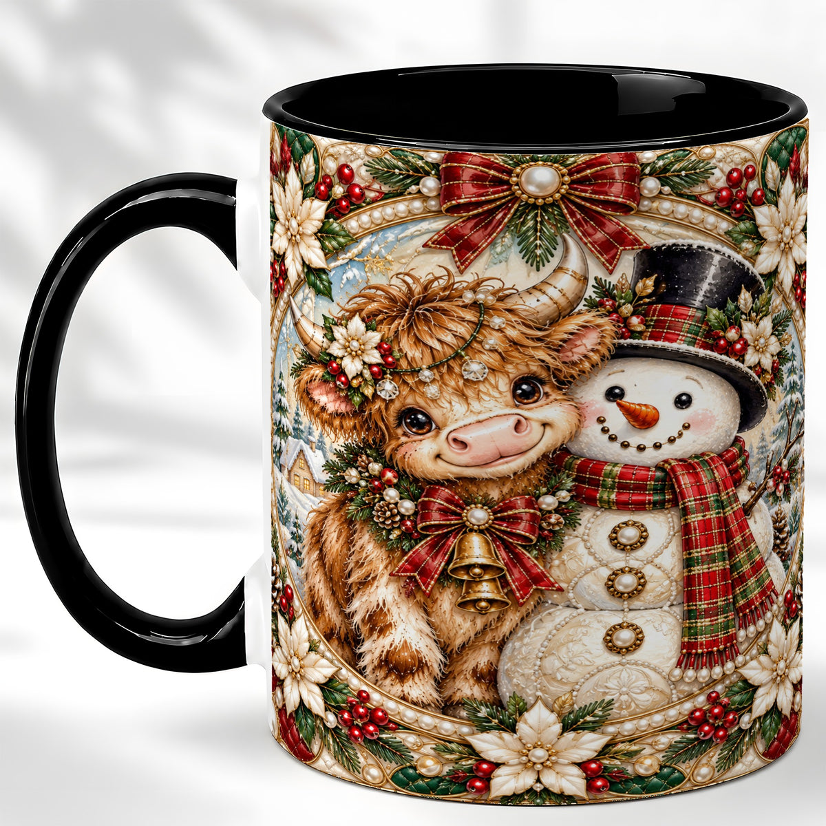 #pl[11oz|Black] Poinsettia Highland Cow Coffee Mug, Snowman Mug, Ceramic Cup