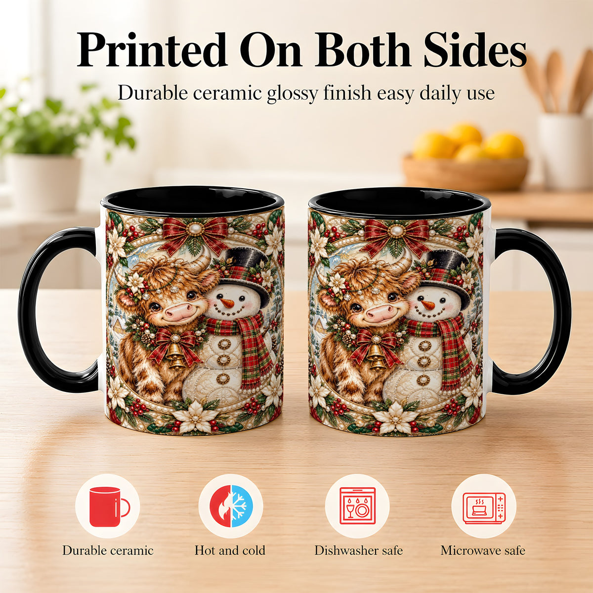 #pl[11oz|Black] Poinsettia Highland Cow Coffee Mug, Snowman Mug, Ceramic Cup