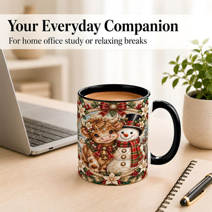 #pl[11oz|Black] Poinsettia Highland Cow Coffee Mug, Snowman Mug, Ceramic Cup