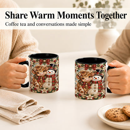 #pl[11oz|Black] Poinsettia Highland Cow Coffee Mug, Snowman Mug, Ceramic Cup