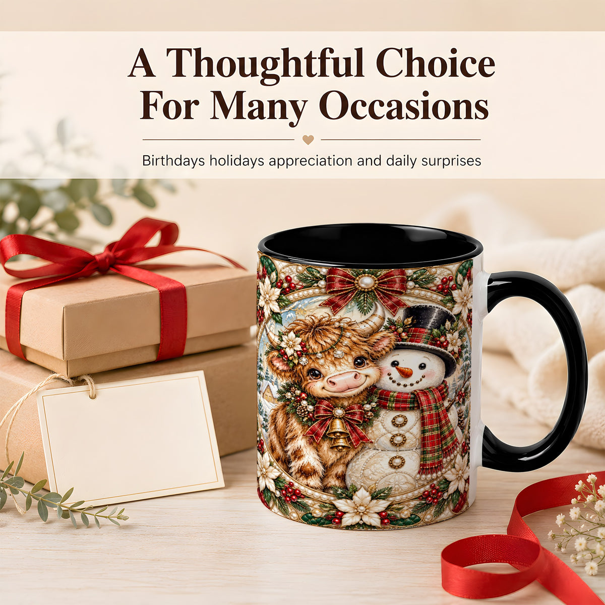 #pl[11oz|Black] Poinsettia Highland Cow Coffee Mug, Snowman Mug, Ceramic Cup