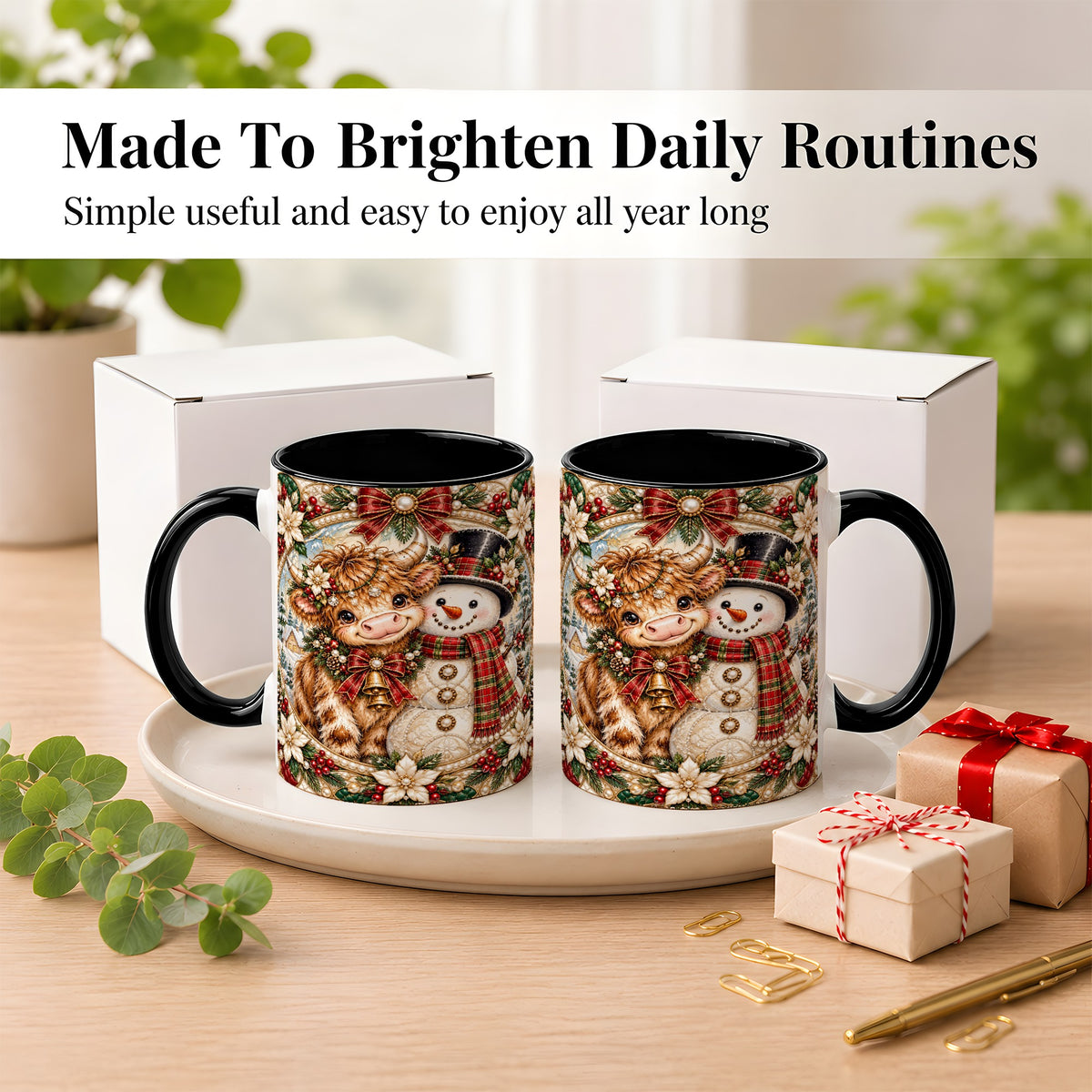 #pl[11oz|Black] Poinsettia Highland Cow Coffee Mug, Snowman Mug, Ceramic Cup