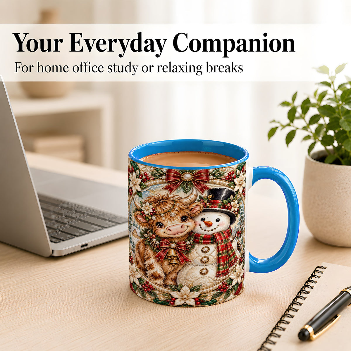 #pl[11oz|Blue] Poinsettia Highland Cow Coffee Mug, Snowman Mug, Ceramic Cup