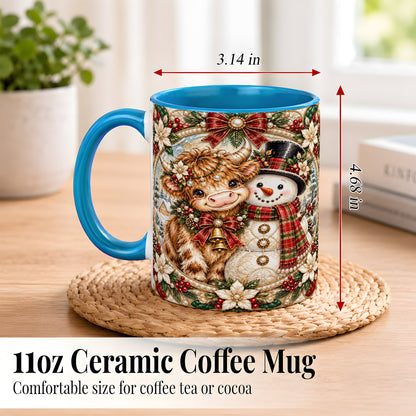 #pl[11oz|Blue] Poinsettia Highland Cow Coffee Mug, Snowman Mug, Ceramic Cup