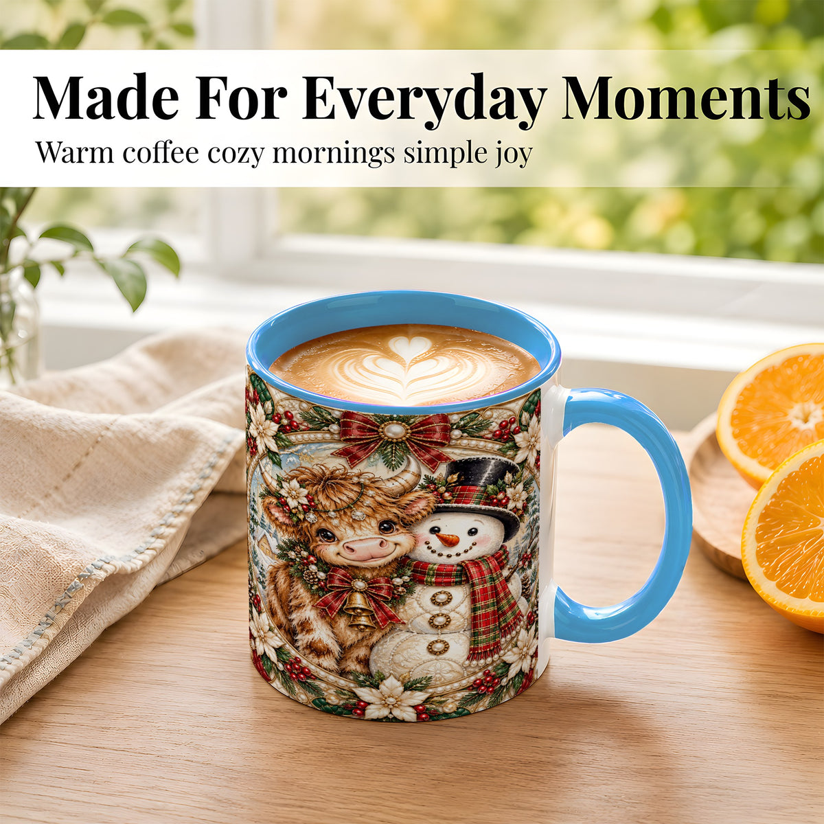 #pl[11oz|Blue] Poinsettia Highland Cow Coffee Mug, Snowman Mug, Ceramic Cup