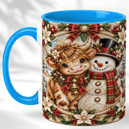 #pl[11oz|Blue] Poinsettia Highland Cow Coffee Mug, Snowman Mug, Ceramic Cup