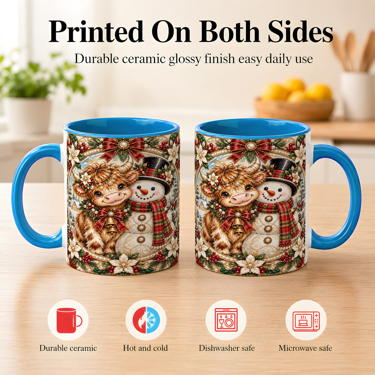 #pl[11oz|Blue] Poinsettia Highland Cow Coffee Mug, Snowman Mug, Ceramic Cup