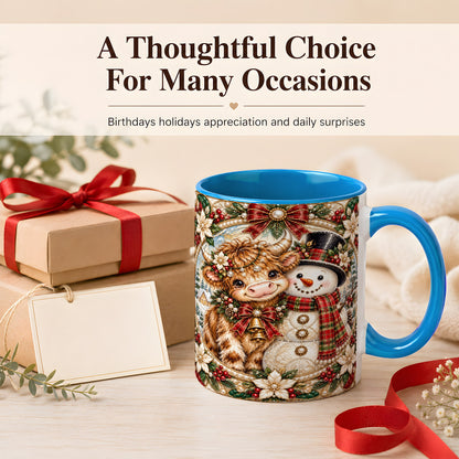 #pl[11oz|Blue] Poinsettia Highland Cow Coffee Mug, Snowman Mug, Ceramic Cup