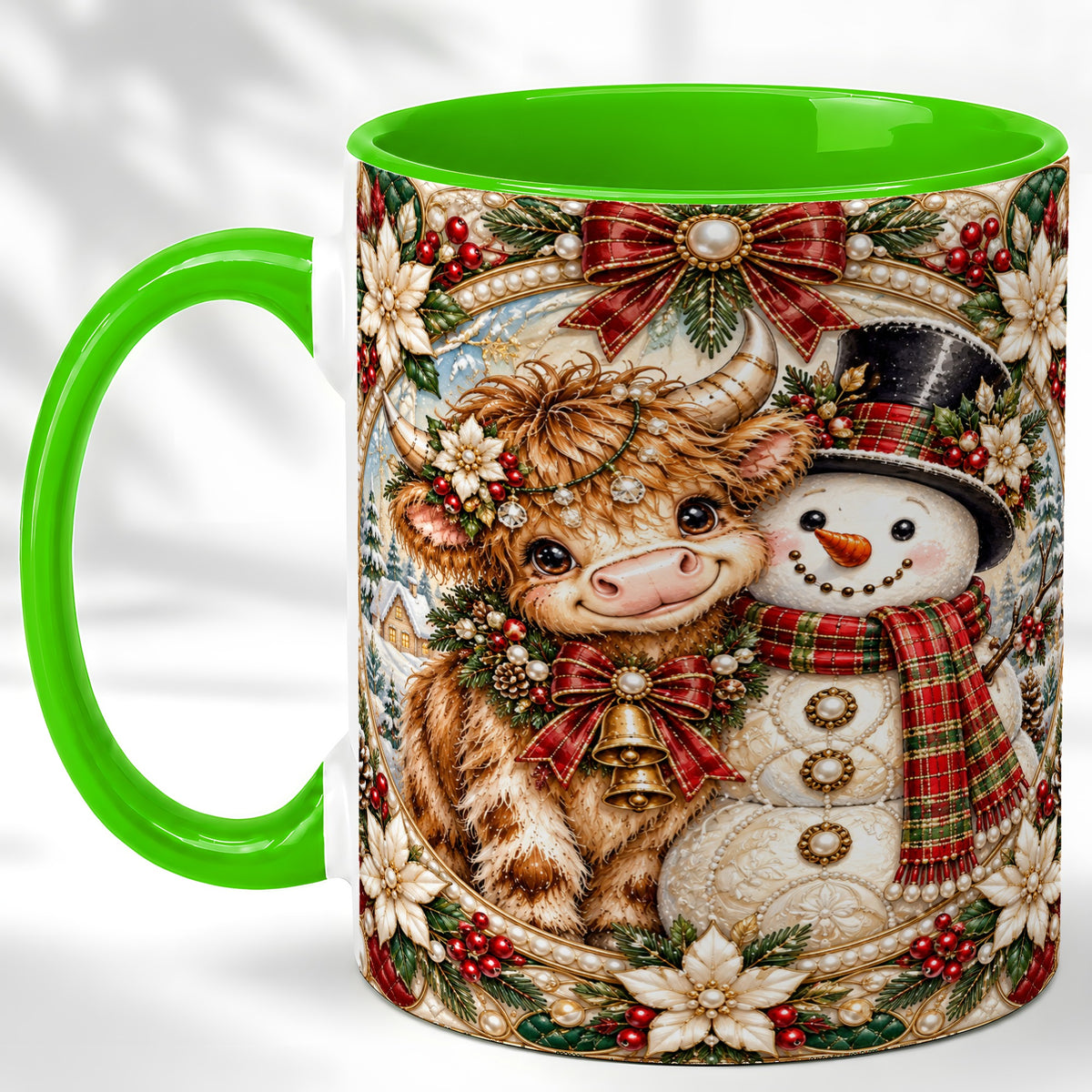 #pl[11oz|Green] Poinsettia Highland Cow Coffee Mug, Snowman Mug, Ceramic Cup