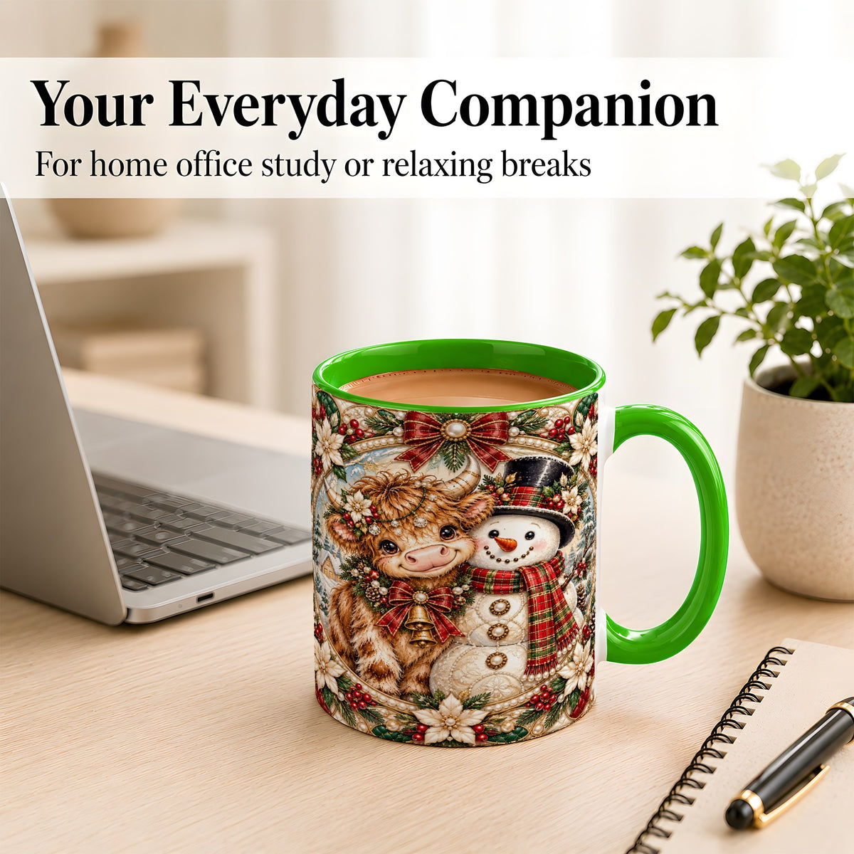 #pl[11oz|Green] Poinsettia Highland Cow Coffee Mug, Snowman Mug, Ceramic Cup