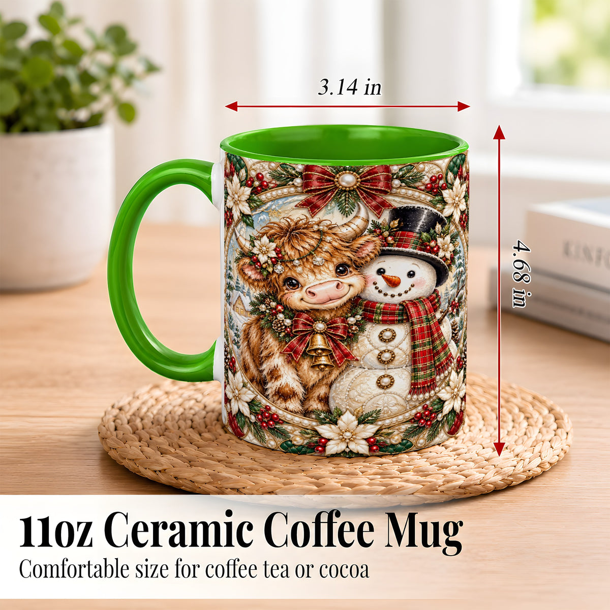 #pl[11oz|Green] Poinsettia Highland Cow Coffee Mug, Snowman Mug, Ceramic Cup
