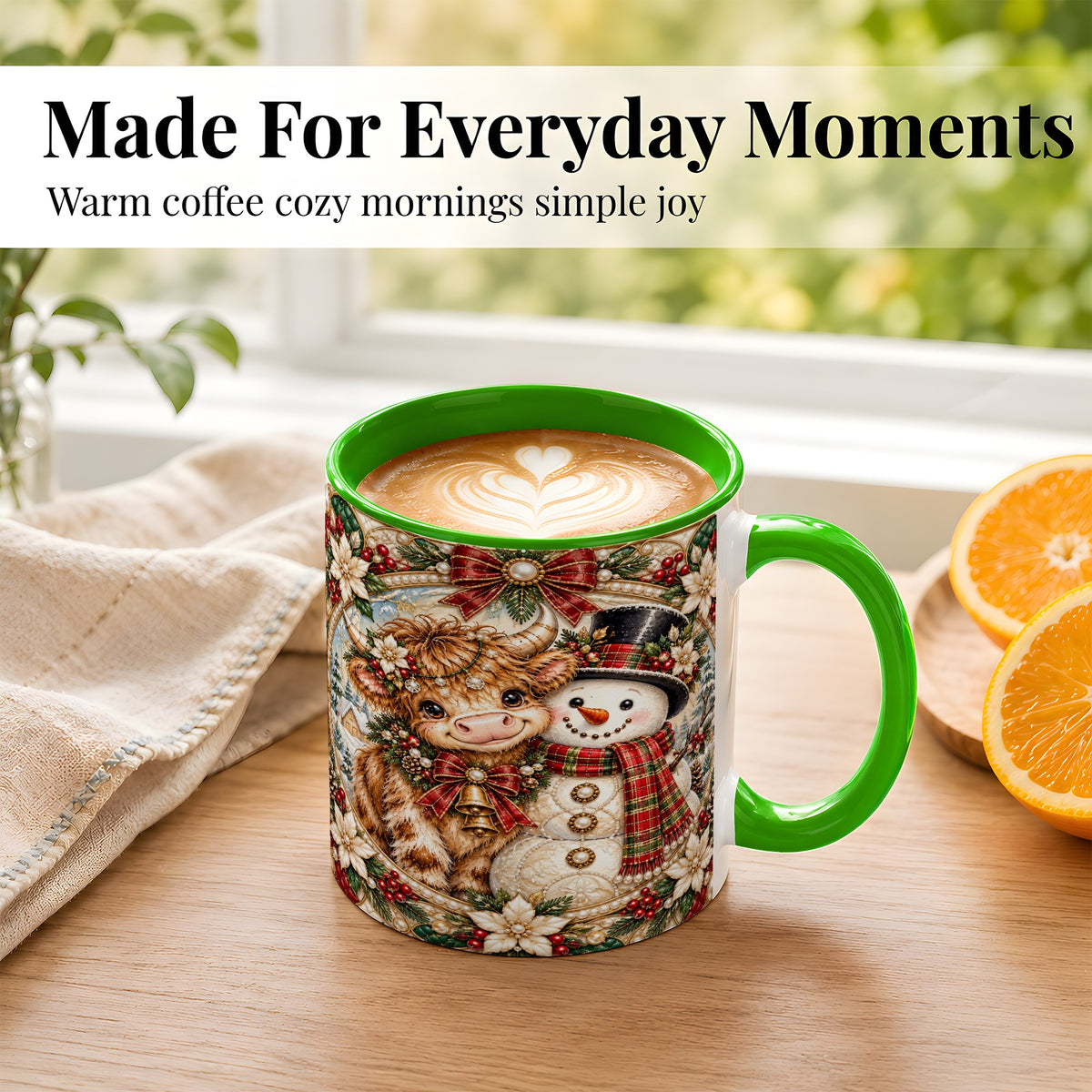 #pl[11oz|Green] Poinsettia Highland Cow Coffee Mug, Snowman Mug, Ceramic Cup