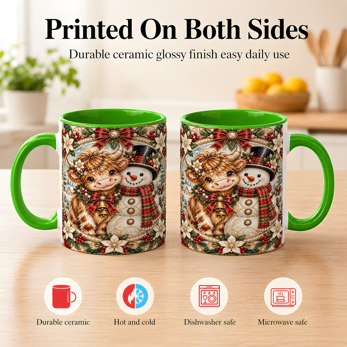 #pl[11oz|Green] Poinsettia Highland Cow Coffee Mug, Snowman Mug, Ceramic Cup