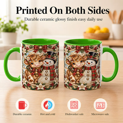 #pl[11oz|Green] Poinsettia Highland Cow Coffee Mug, Snowman Mug, Ceramic Cup
