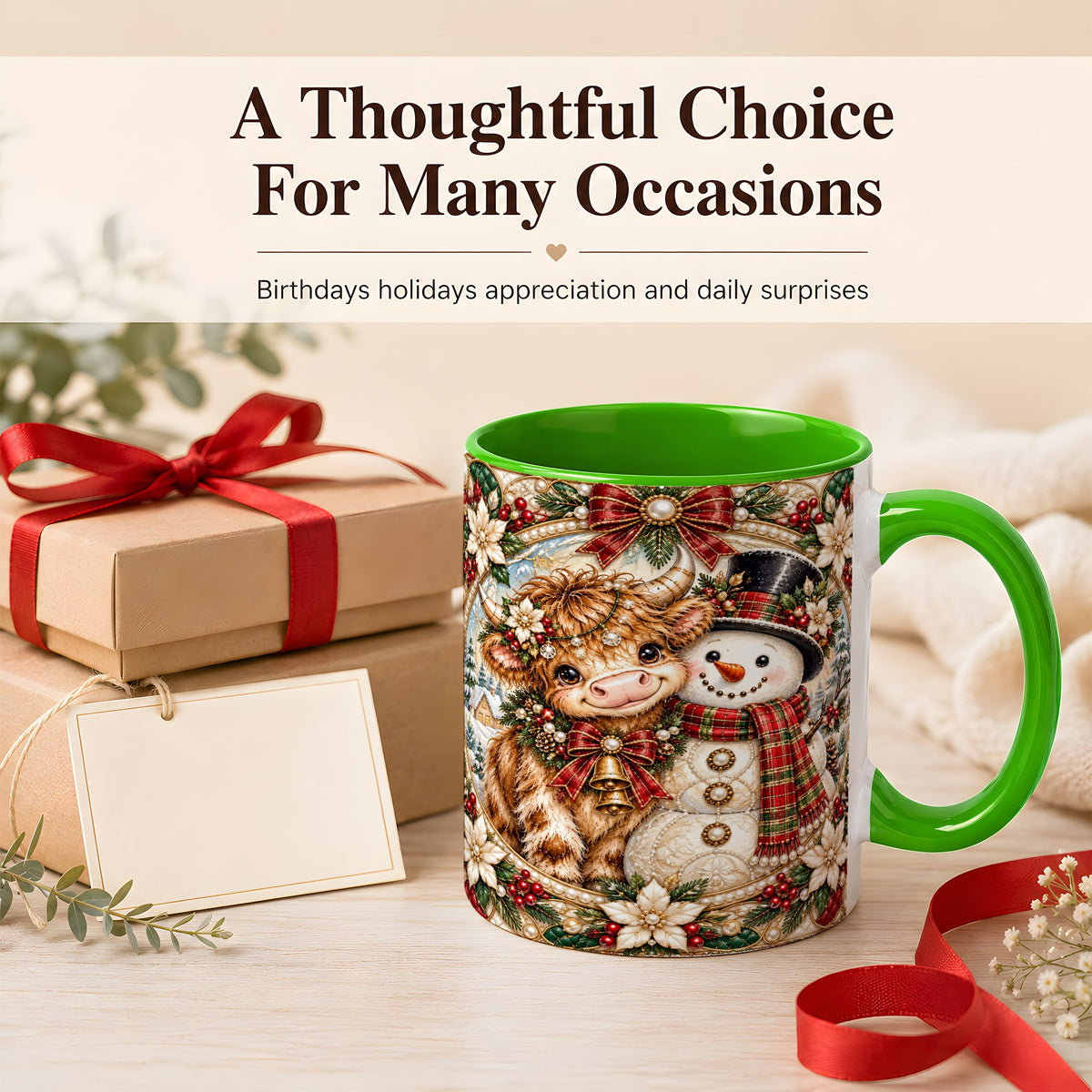 #pl[11oz|Green] Poinsettia Highland Cow Coffee Mug, Snowman Mug, Ceramic Cup