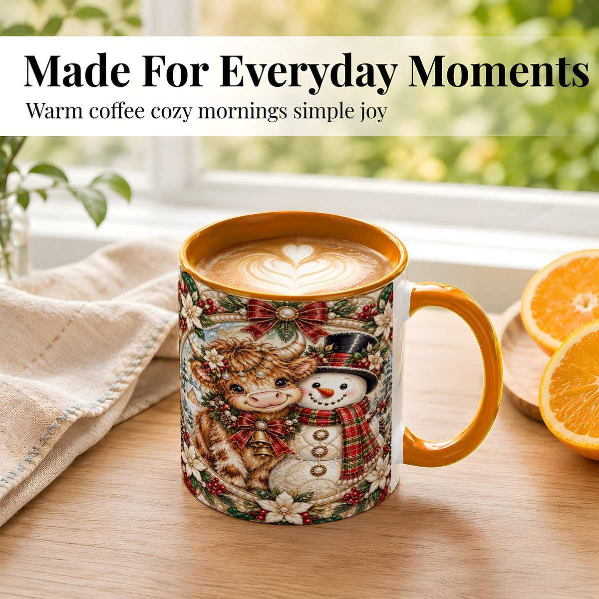#pl[11oz|Orange] Poinsettia Highland Cow Coffee Mug, Snowman Mug, Ceramic Cup