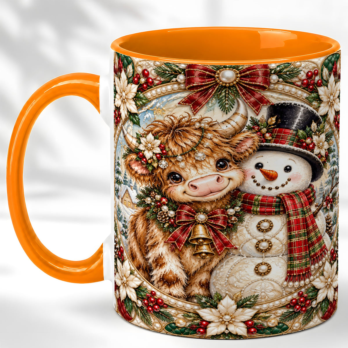 #pl[11oz|Orange] Poinsettia Highland Cow Coffee Mug, Snowman Mug, Ceramic Cup