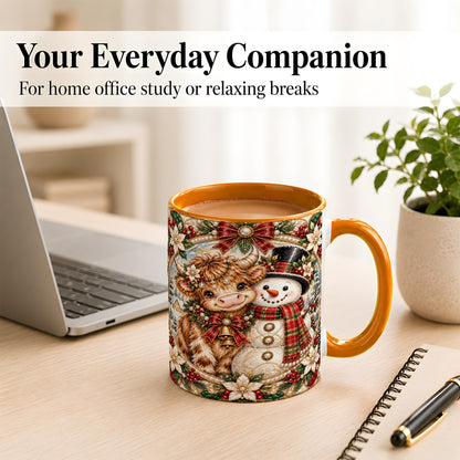 #pl[11oz|Orange] Poinsettia Highland Cow Coffee Mug, Snowman Mug, Ceramic Cup