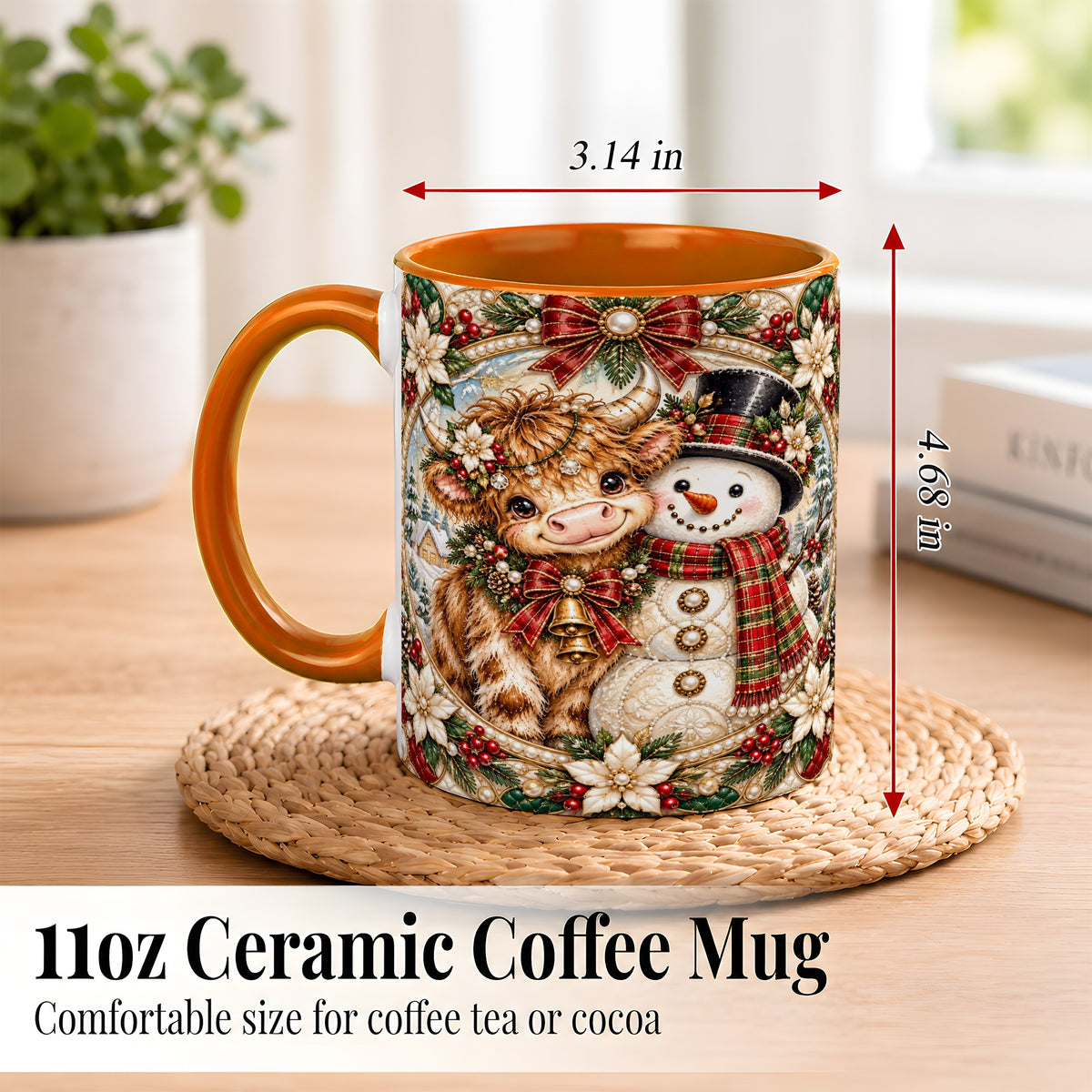 #pl[11oz|Orange] Poinsettia Highland Cow Coffee Mug, Snowman Mug, Ceramic Cup