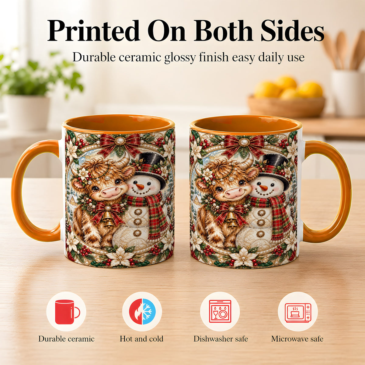 #pl[11oz|Orange] Poinsettia Highland Cow Coffee Mug, Snowman Mug, Ceramic Cup