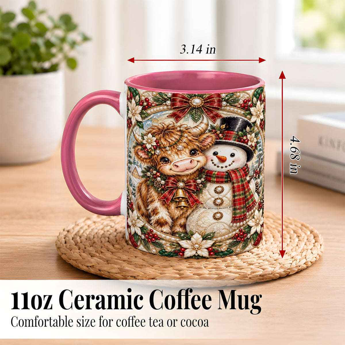#pl[11oz|Pink] Poinsettia Highland Cow Coffee Mug, Snowman Mug, Ceramic Cup