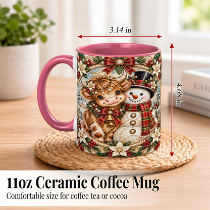 #pl[11oz|Pink] Poinsettia Highland Cow Coffee Mug, Snowman Mug, Ceramic Cup