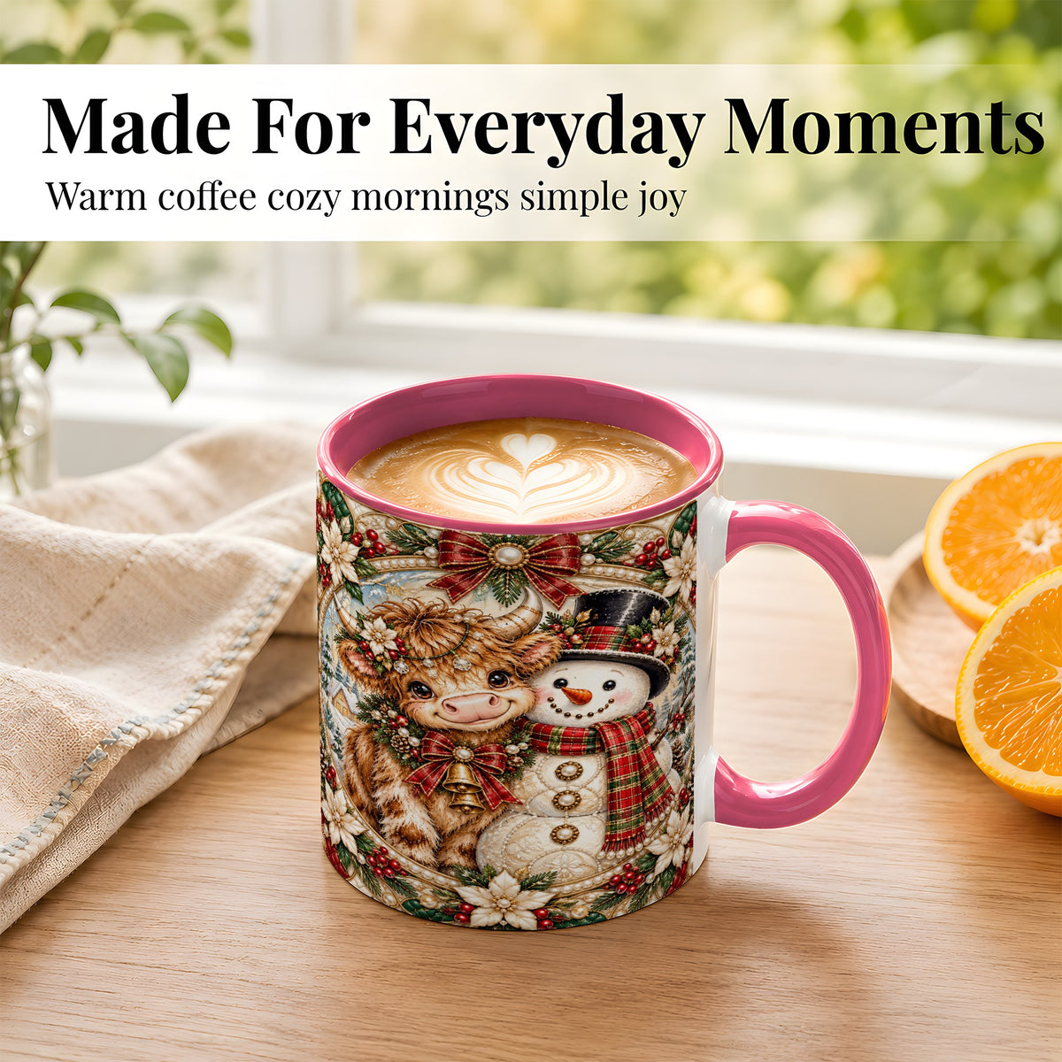 #pl[11oz|Pink] Poinsettia Highland Cow Coffee Mug, Snowman Mug, Ceramic Cup