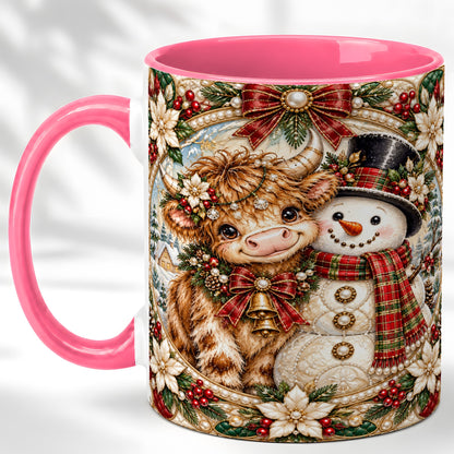 #pl[11oz|Pink] Poinsettia Highland Cow Coffee Mug, Snowman Mug, Ceramic Cup