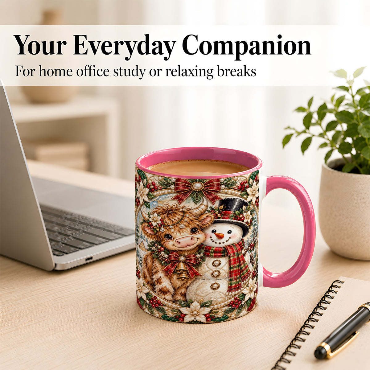 #pl[11oz|Pink] Poinsettia Highland Cow Coffee Mug, Snowman Mug, Ceramic Cup
