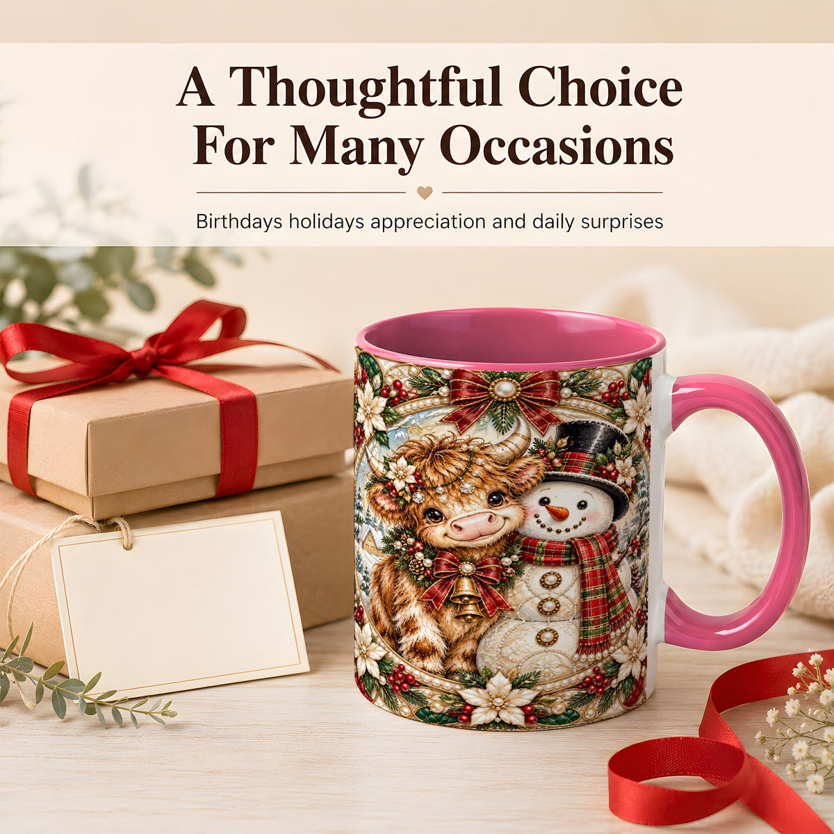 #pl[11oz|Pink] Poinsettia Highland Cow Coffee Mug, Snowman Mug, Ceramic Cup