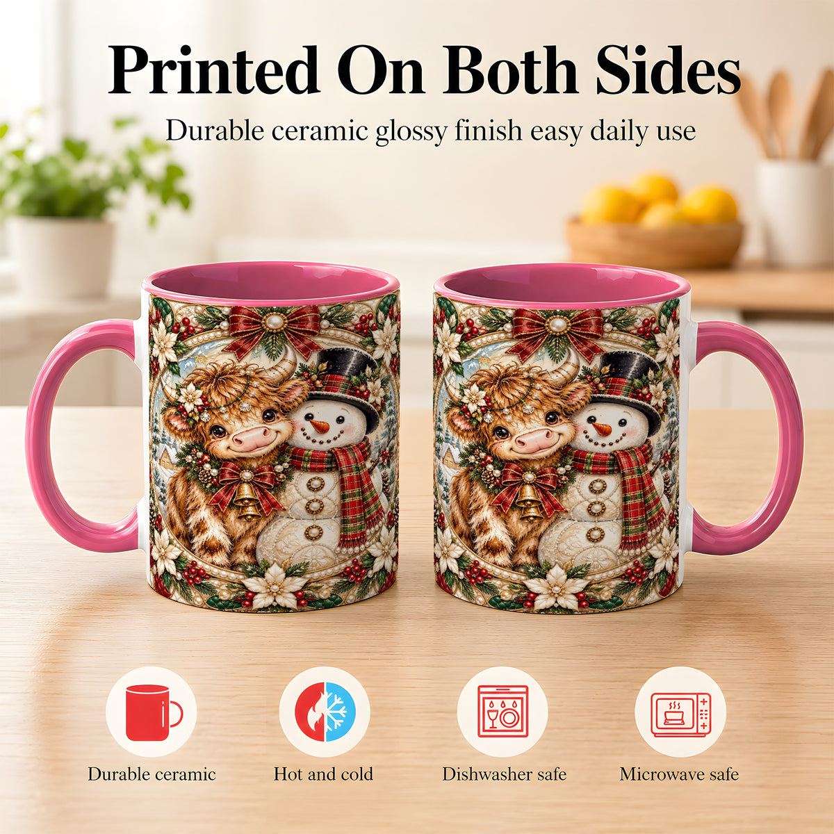 #pl[11oz|Pink] Poinsettia Highland Cow Coffee Mug, Snowman Mug, Ceramic Cup