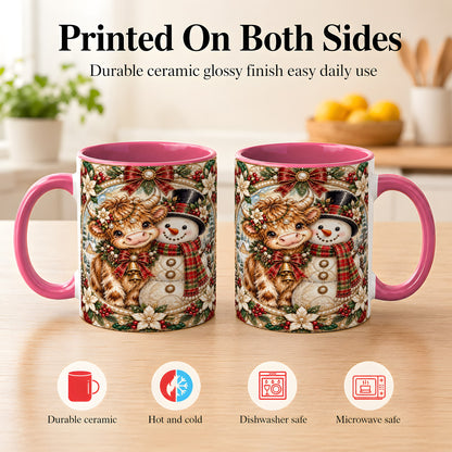 #pl[11oz|Pink] Poinsettia Highland Cow Coffee Mug, Snowman Mug, Ceramic Cup